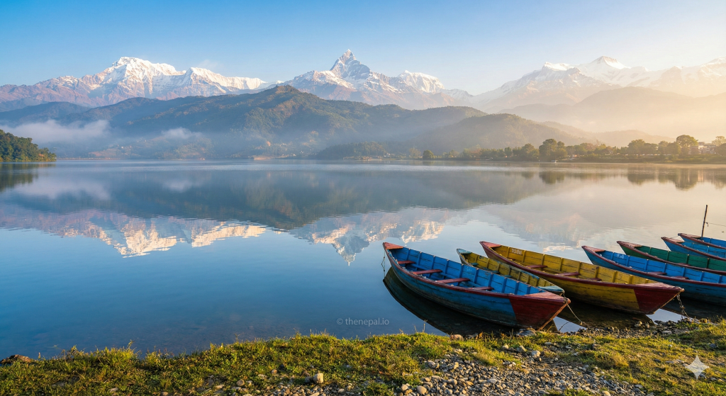 Ultra-realistic sunrise photo of Phewa Lake, Pokhara