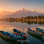 Where to Stay in Pokhara, Boats on Phewa Lake at sunrise with Annapurna range and Machapuchare in the background