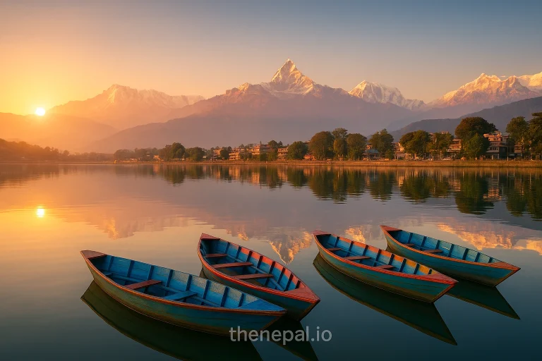 Where to Stay in Pokhara, Boats on Phewa Lake at sunrise with Annapurna range and Machapuchare in the background